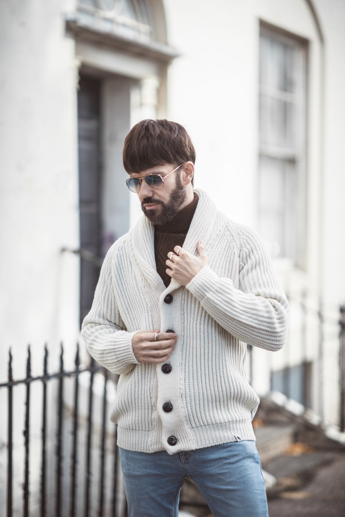 Close-up of Herring by Peregrine's men's shawl neck cardigan